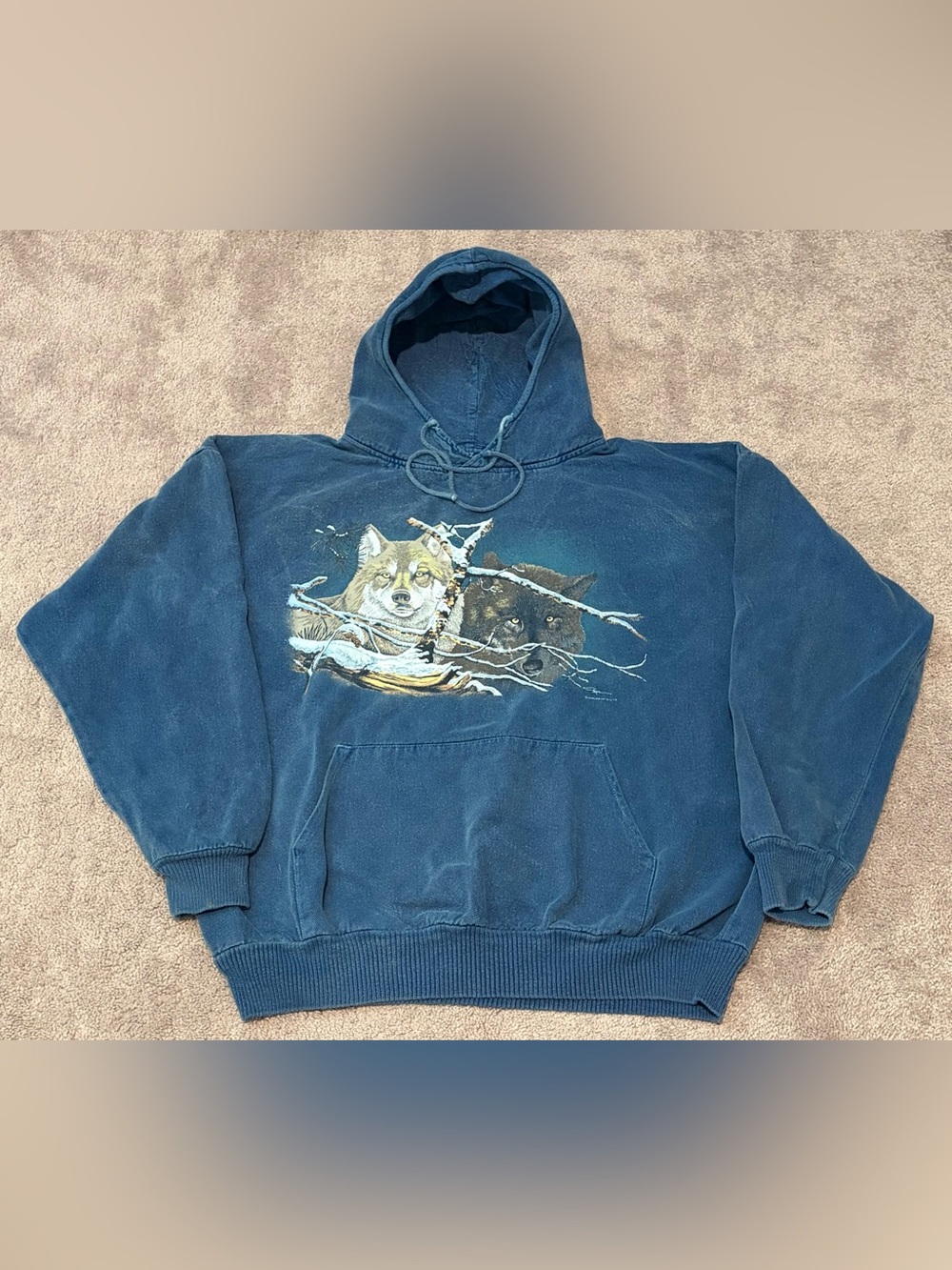 VTG WEK The World Wolf Graphic Blue Pullover Hoodie Size 2 Measured XL